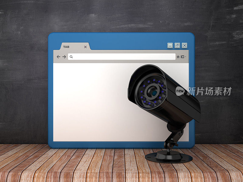 Web浏览器与安全摄像头在黑板背景- 3D渲染